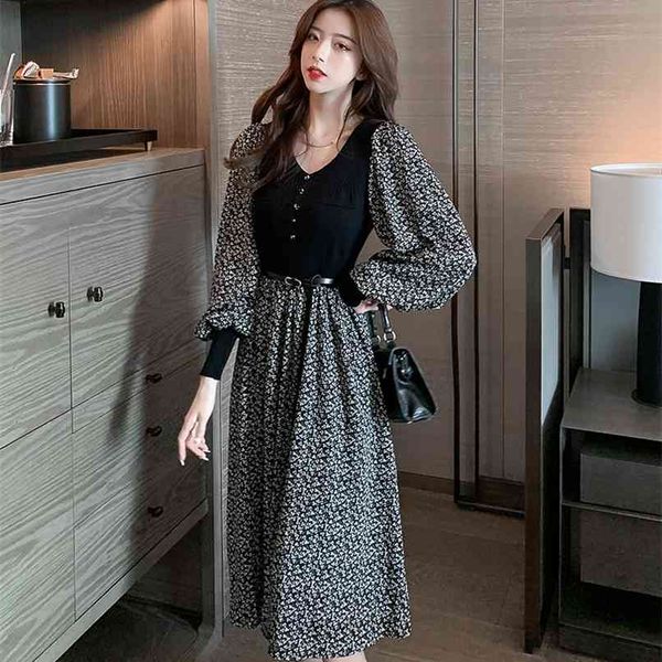 

fashion women's dress gentle wind floral knitted waist 210520, Black;gray
