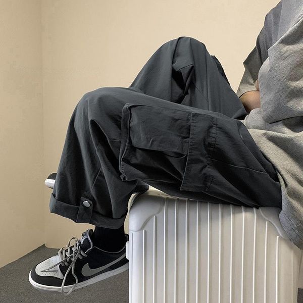 

men's pants japanese streetwear cargo straight ankle-length 2021 spring autumn cotton all-match loose wide leg s-3xl, Black