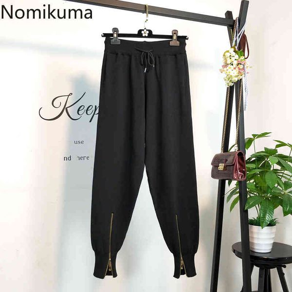 

nomikuma autumn knitted women pants korean zipper harem ankle-length pants lace up stretch high waist pants feminimo 6c313 210427, Black;white