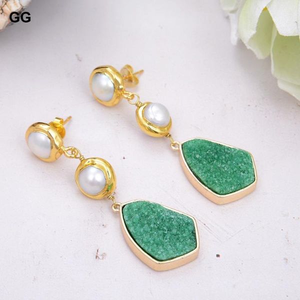 

dangle & chandelier guaiguai natural cultured white keshi round pearl green quartzs gold plated lever back stud earrings luxury for women, Silver