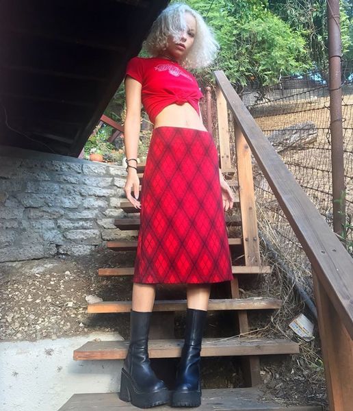 

fashion dress 2021 print skirt plaid a-line, Black;pink