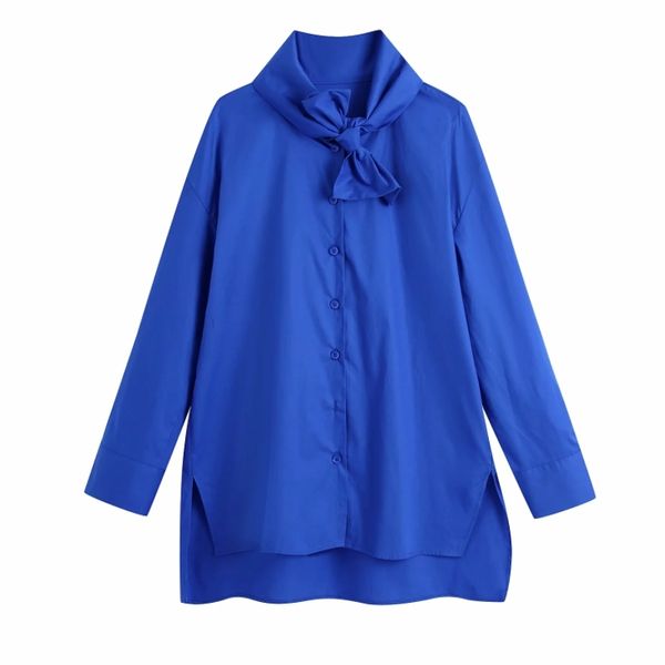

women stand collar lace up bow tie royal blue shirt female long sleeve blouse casual lady loose blusas s8730 210430, White