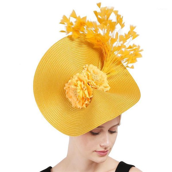 

yellow cocktail straw hat disc fascinator millinery sinamay feather vintage party artificial flower decoration headwear1