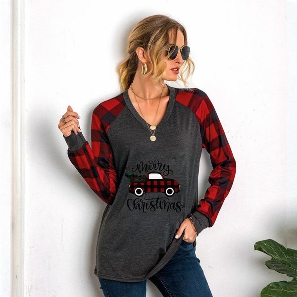 

women's hoodies & sweatshirts v neck contrast color plaid patchwork t shirt women fashion occident casual pullover long sleeve tees wil, Black