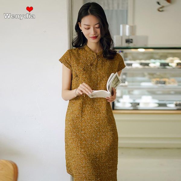 

ethnic clothing wenydia chinese floral dress 2021 summer vintage women short sleeve a-line party midi loose modern qipao cotton cheongsam, Red