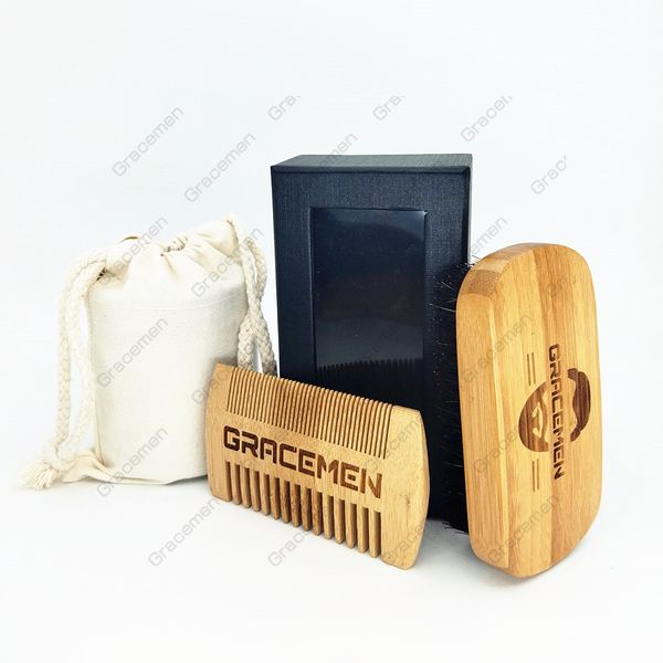 MOQ 100 conjuntos logotipo de bambu bambu cabelo barba grooming ternos com caixa de saco para homem Eco-amigável barbas escova e pente