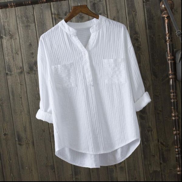 

womens shirts autumn women shirt long sleeve loose white blouse double pockets casual ladies blouses 100% cotton d76