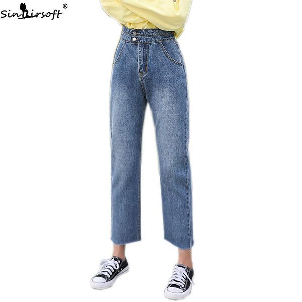 

women's jeans 2021 four seasons loose high waist was thin double buckle woman fashion trend wild casual straight women, Blue