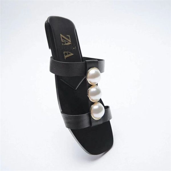 

official website 70% off outlet new style square head pearl open toe flat bottom za slippers for women in summer of factory sale, Black