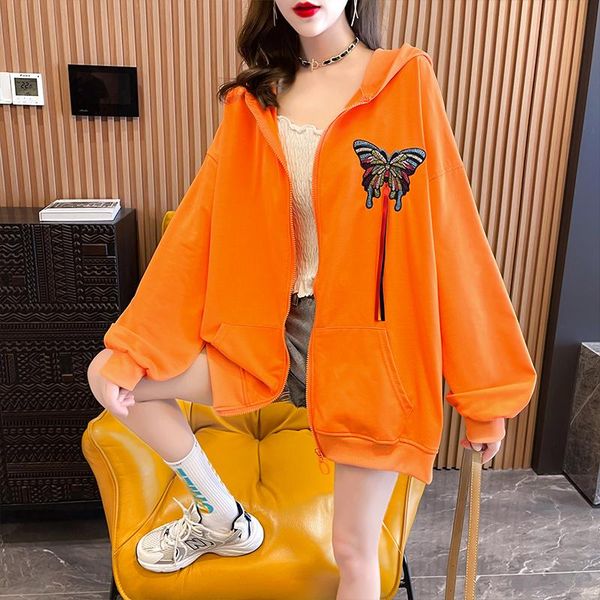 

women's jackets autumn fashion women ribbon butterfly embroidery jacket loose pocket zipper hooded outwear for 2021, Black;brown