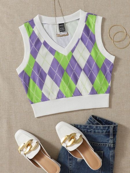 

argyle print crop tank m95o#, White