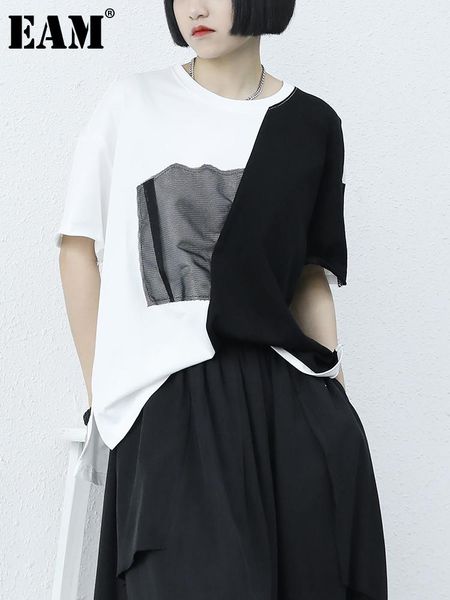 

women's t-shirt [eam] women black contrast color mesh big size casual round neck half sleeve fashion tide spring summer 2021 1de0757, White