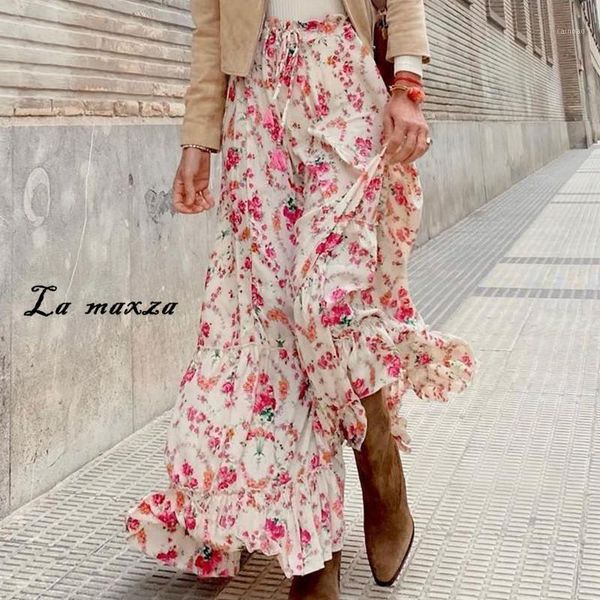 

skirts vintage fashion floral women 2021 casual ruffles ladies loose long, Black