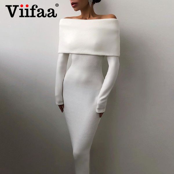 

viifaa off shoulder white elegant bodycon party slim fit long dress winter women long sleeve solid color robe dresseshigh quality, Black;gray