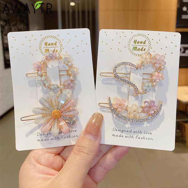 

hair accessories rhinestones clip for women moon daisy flower crystal clips girls barrette pins grip jewelry, Slivery;white