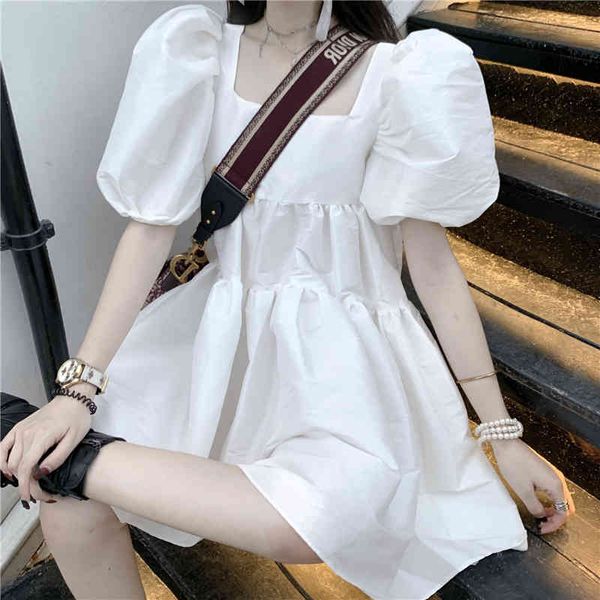 

llzacoosh women chic fashion design puff sleeve loose a-line square collar female summer high street solid draped dresses 210514, Black;gray