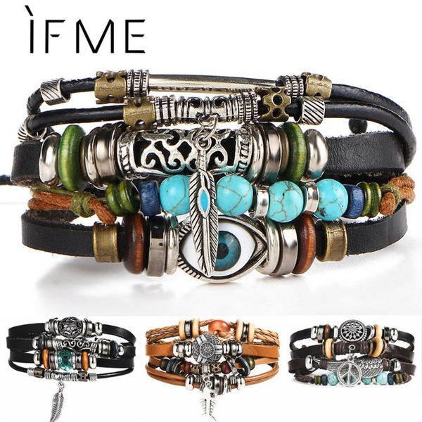 

charm bracelets if me boho tibet stone feather multilayer leather bracelet eye fish charms beads for men vintage punk wrap wristband, Golden;silver