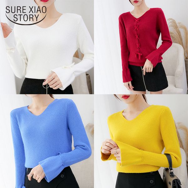 

autumn winter v-neck flare sleeve sweater can be worn forth back strap women sweaters and pullovers 6508 50 210417, White;black