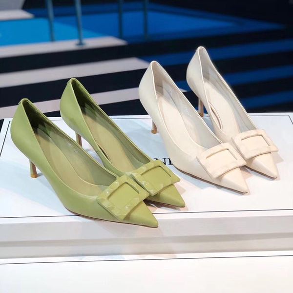 

dress shoes 2021 women genuine leather green square buckle high-heeled pointed wedding, Black