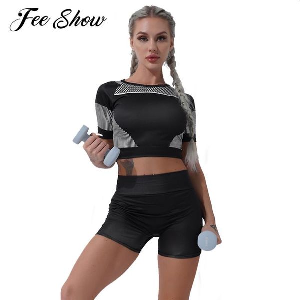 

yoga outfit women set stretchy sports cropped t-shirt shorts fitness wear two pieces gym sets seamless workout suits