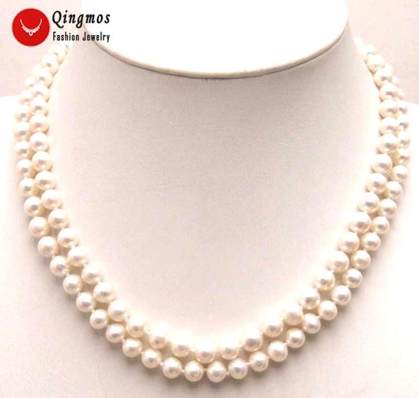 

chokers qingmos white natural pearl necklace for women with 6-7mm round freshwater 2 strands 17-18" jewelry 5421, Golden;silver