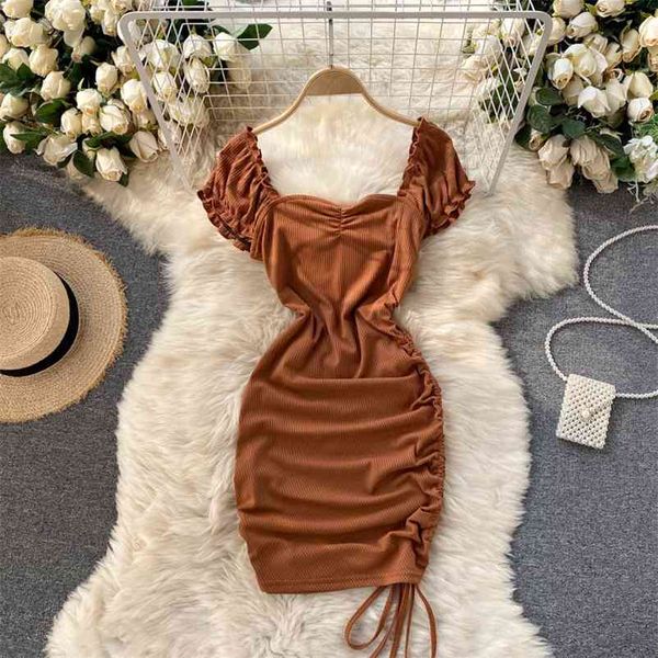 

women's drawstring pleated tight-fitting hip dress women's leaky clavicle square neck short women bodycon mini 210420, Black;gray