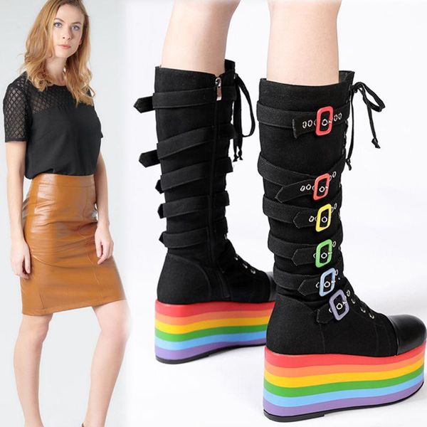

boots mixed colors knee-high women thick-soled high heels round toe ladies platform shoes winter botas de mujer, Black