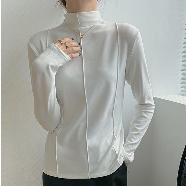 

women's t-shirt ljsxls long sleeve women tshirt cotton t-shirts 2021 solid slim fashion tee shirt femme ladies spring casual stand coll, White