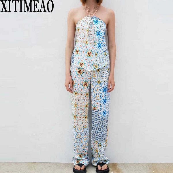 

za women fashion cropped blouses vintage backless female shirts cross necked vest and high waist casual pants 210604, White