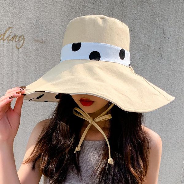 

wide brim hats double side dot summer women bucket hat large outdoor beach fisherman cap foldable uv proof sun protection, Blue;gray