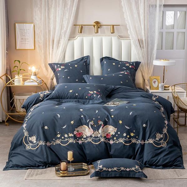 

bedding sets luxury 600tc egyptian cotton swan flowers embroidery princess textile set home cover pillowcases flat/fitted duvet sheet
