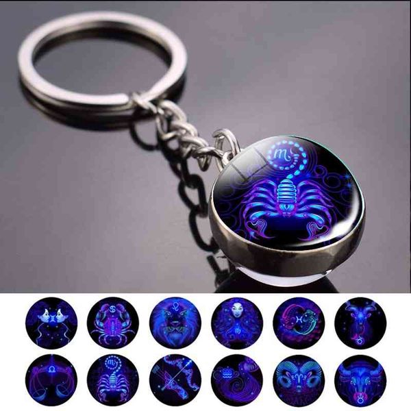 12 Constellation Keychain Fashion Double Side Cabochon Glass Ball Portachiavi Segni zodiacali Gioielli per uomo Per le donne Regalo di compleanno