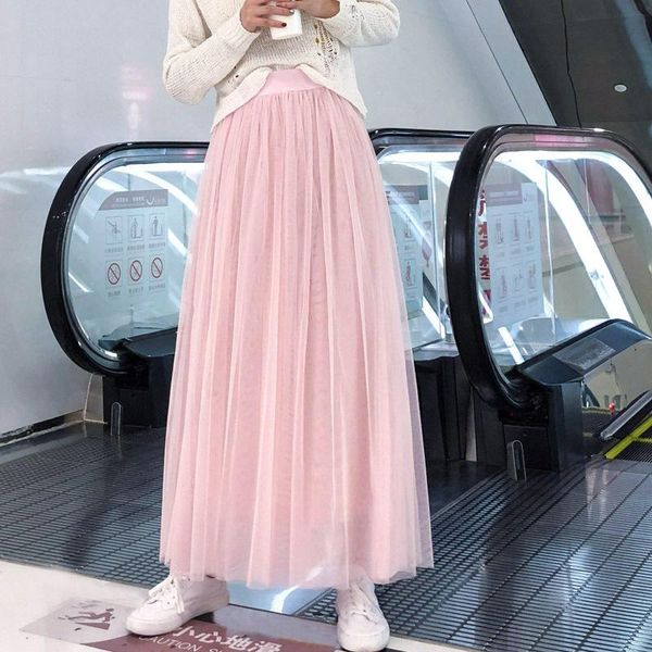 

skirts women korean long mesh skirt high waist elastic pleated gauze ankle-length 8z, Black