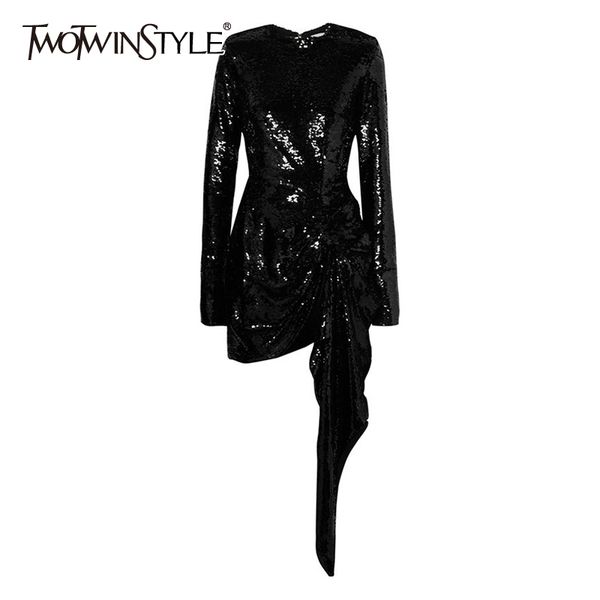 

twotwinstyle black patchwork sequin dress for women o neck long sleeve high waist irregular hem mini dresses female fashion new 210428, Black;gray