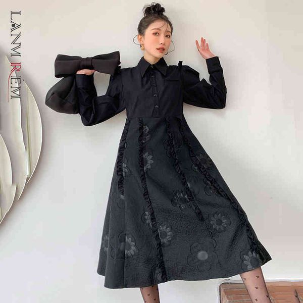 

stitching floral dress spring autumn women's embroidery all-match high waist retro black lady elegant 2a8002 210507, Black;gray