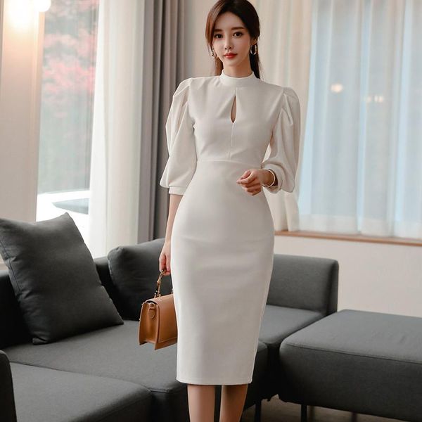 

casual dresses white sheath dress women lantern sleeve stand collar long midi office lady bodycorn skinny hollow out slim a178, Black;gray