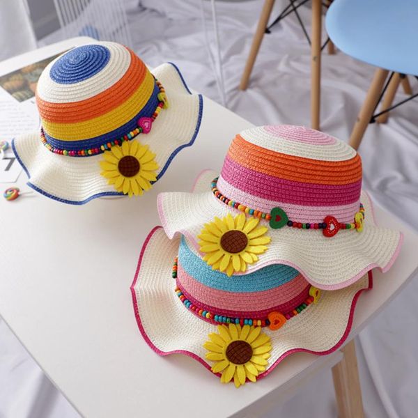 

caps & hats summer kids straw colorful flower princess baby girls hat children breathable sunscreen beach sun for 2-7y, Yellow