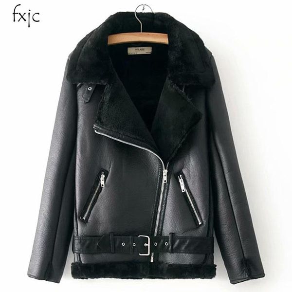 

women's jackets pu fur one black long sleeve warm locomotive jacket belt zipper 2021 winter fashion chic thicken female coat, Black;brown