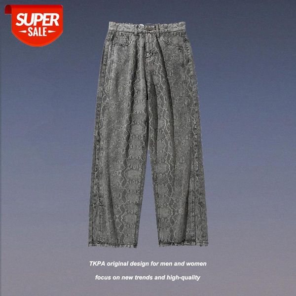 

tkpa retro snake print jeans for men and women mopping the floor split loose straight-leg pants wide-leg old daddy long #jm80, Blue
