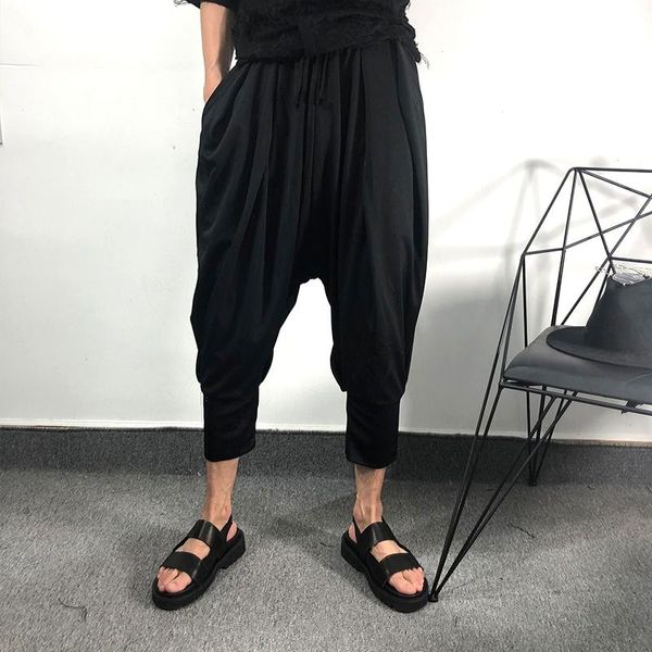

men's pants summer men's solid color elastic waist fashion trend personality harlan pants, seven point slant, Black