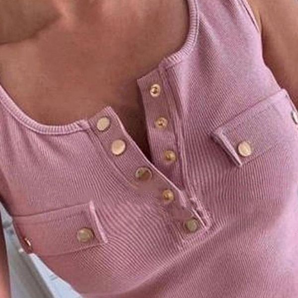 

solid color v neck womens tank sleeveless buttons ribbed slim blouse vest, White