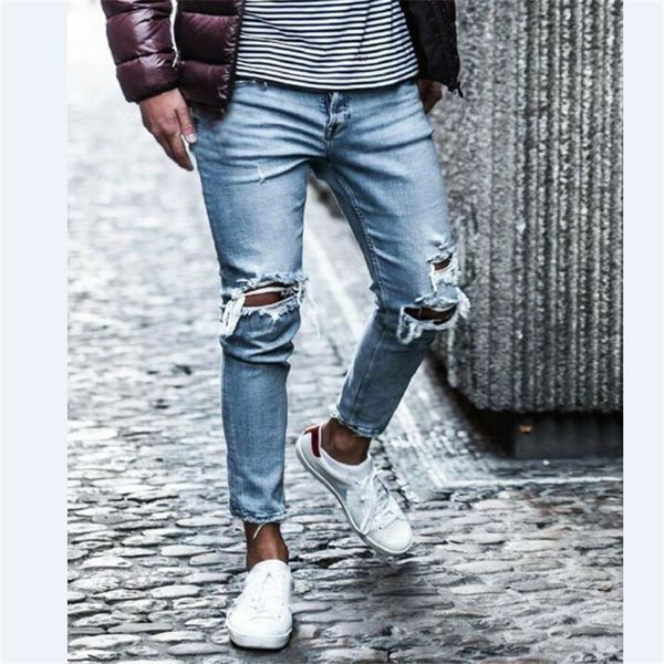 

men's men jean pencil pants vintage hole long denim trouser casual ripped jeans hip hop streetwear male clothing new, Blue