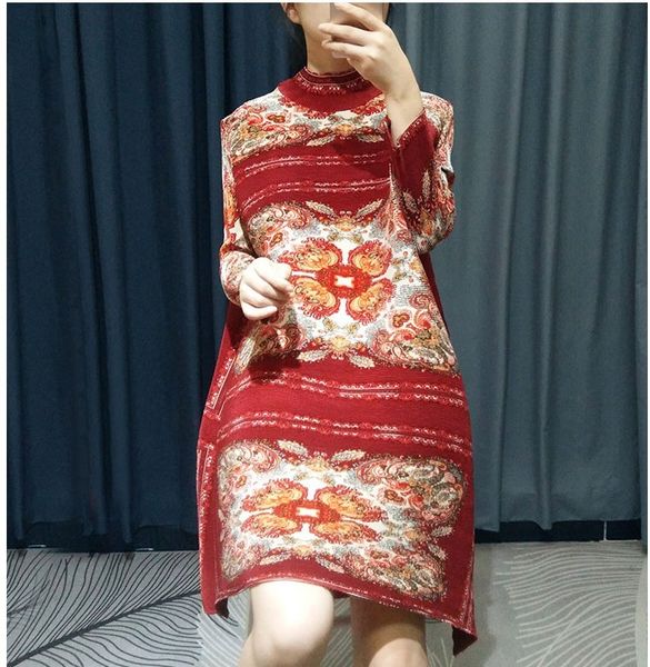 

dress miyake fashion high collar three quarter print pleated one-piece, Black;gray