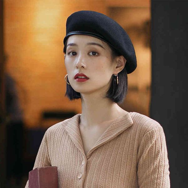 

brand caps beret female autumn winter fashion korean version versatile painter hat black british leather edge bud, Blue;gray