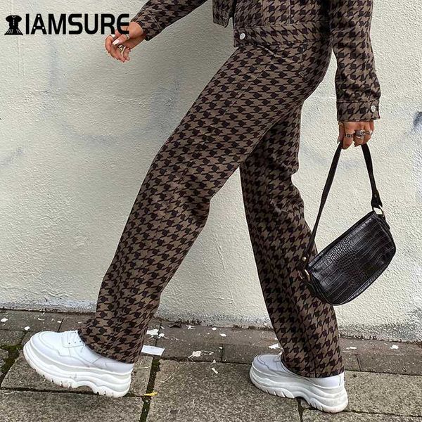 

houndstooth plaid pants women casual vintage high waisted trousers fashion skinny straight leg capris 2021 autumn women's &, Black;white