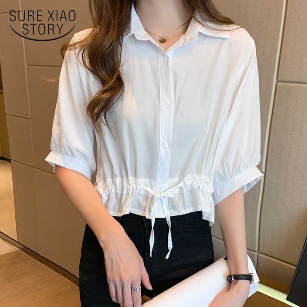 

summer korean loose short sleeve purple female simple fashion drawstring polo collar women blouses blusas mujer 10085 210528, White
