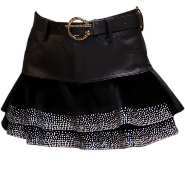 

skirts pu leather mini skirt women 2021 winter diamond high waist horse hair stitching ball gown, Black