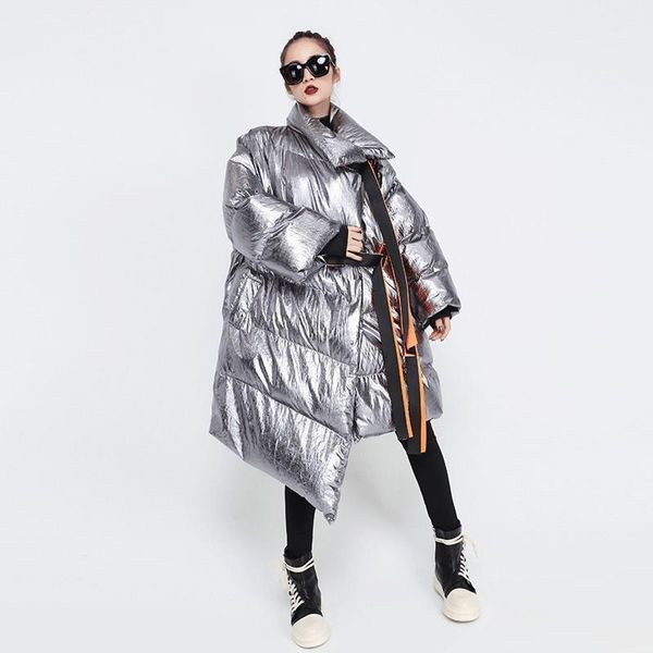 

women's down & parkas women winter silver big size long bubble coat solid ribbons warm parka ladies windbreaker style outerwear1, Black