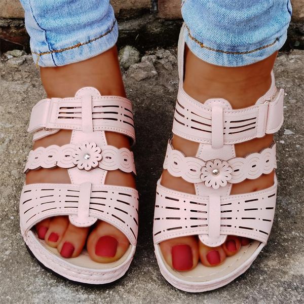 

sandals 2021 summer women shoes wedges pu leather female slippers hollow out breathable woman slides open toe, Black