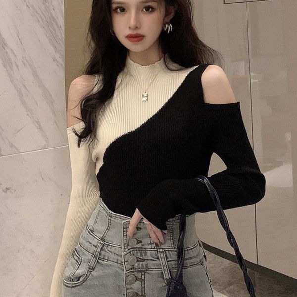 

sweater women knitting patchwork colorblock o-neck long sleeve hollow out woman autumn and spring slim sweasters pullover d60p, White;black
